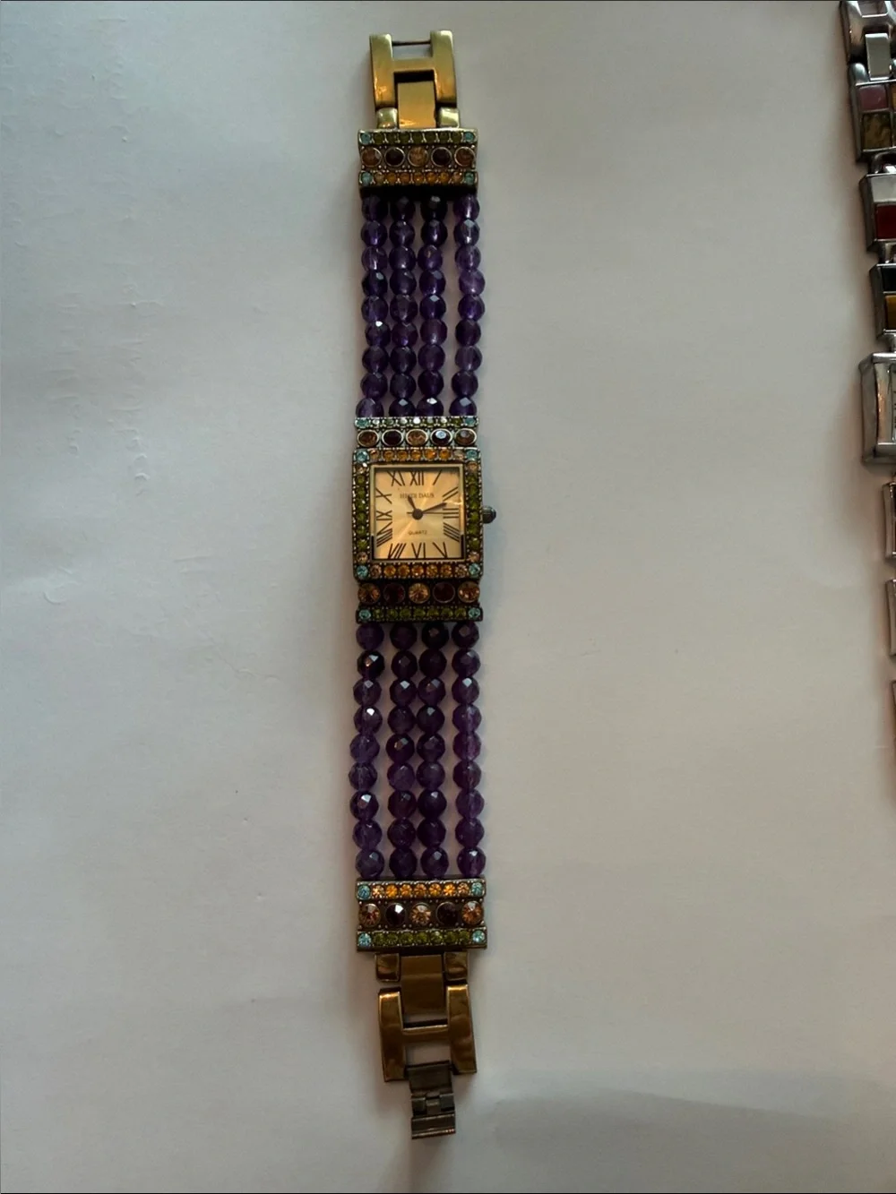Heidi Daus Vintage Purple Beaded Multi-Row Bracelet Watch with Jeweled Accents